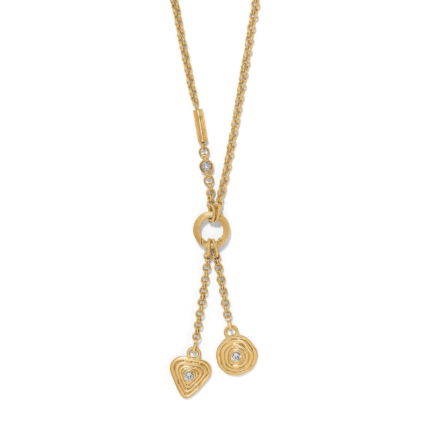 Brighton gold-plated lariat necklace with heart and circle charms featuring crystal accents on a white background