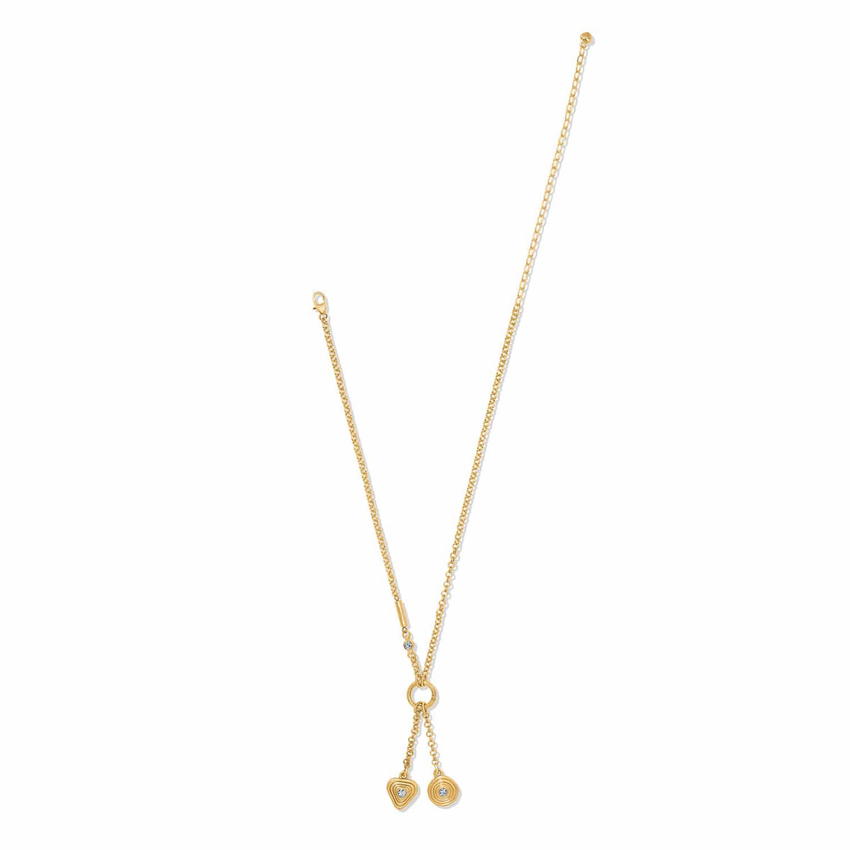 Brighton gold-plated Y-drop necklace with dual circular pendants, crystal accents, and lobster clasp on a white background