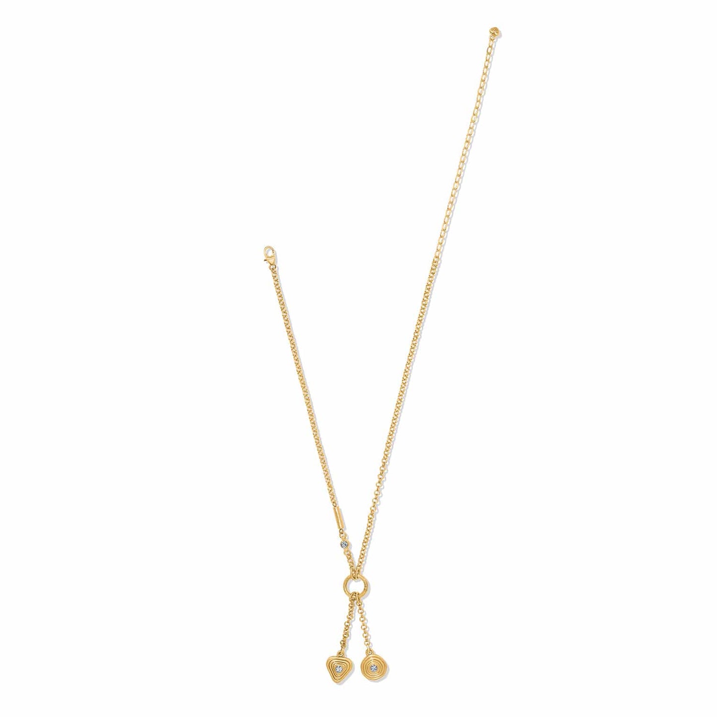Brighton gold-plated Y-drop necklace with dual circular pendants, crystal accents, and lobster clasp on a white background
