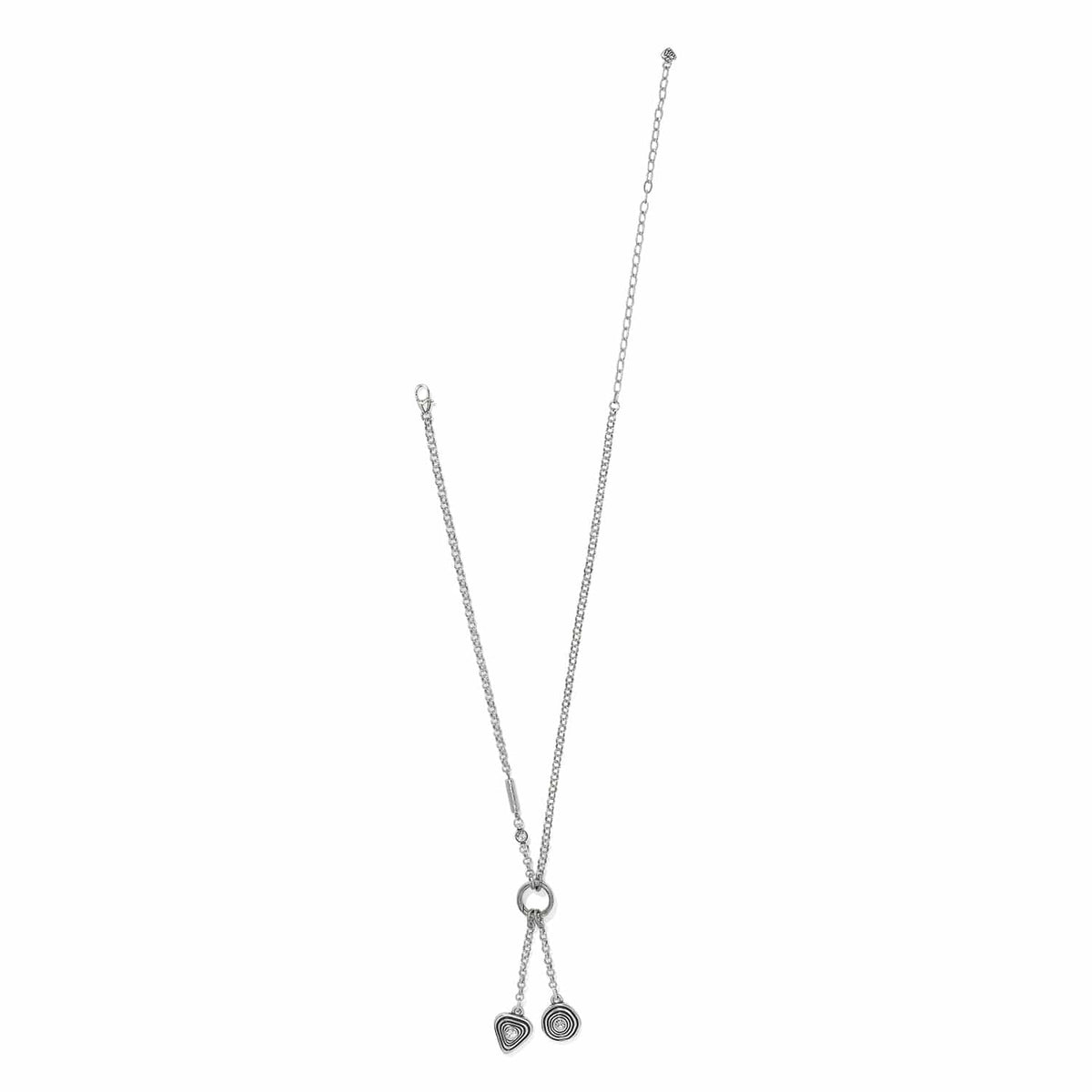 Brighton silver-plated chain necklace with two circular drop charms and crystal accents on a white background