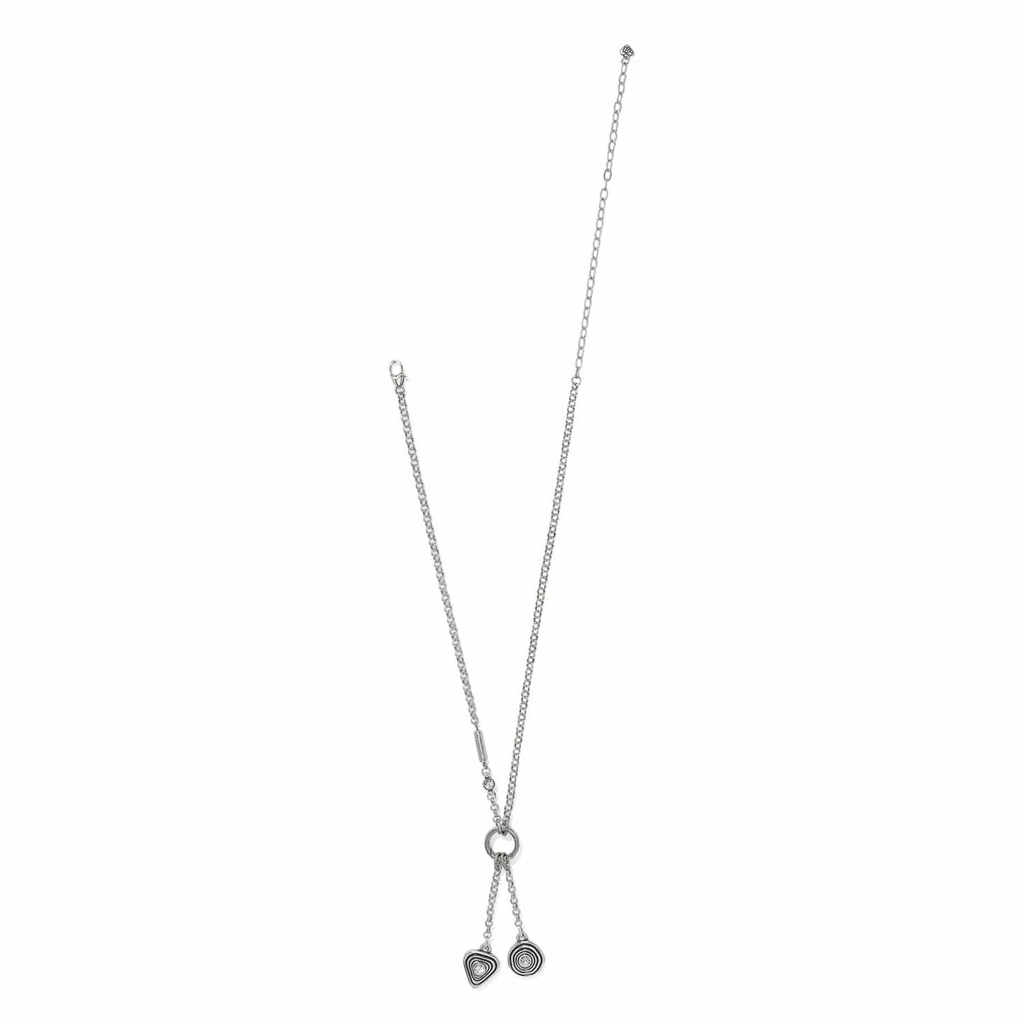 Brighton silver-plated chain necklace with two circular drop charms and crystal accents on a white background