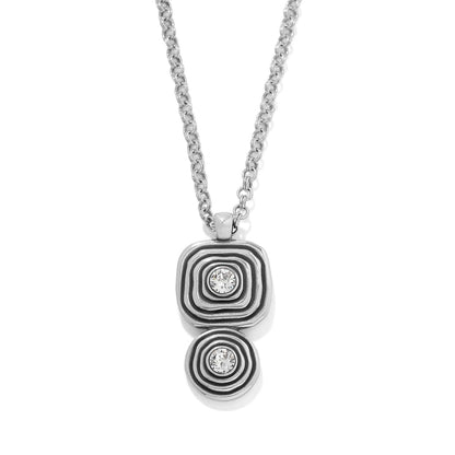 Brighton pendant necklace with silver-plated layered square and circle shapes and crystal accents on a white background