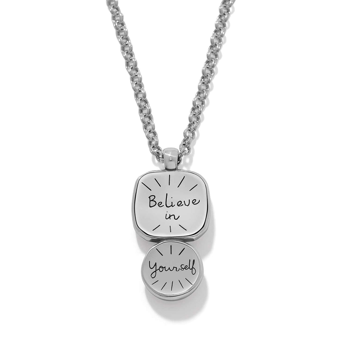 Brighton pendant necklace with silver-plated square charm engraved with Believe in Yourself script on a white background