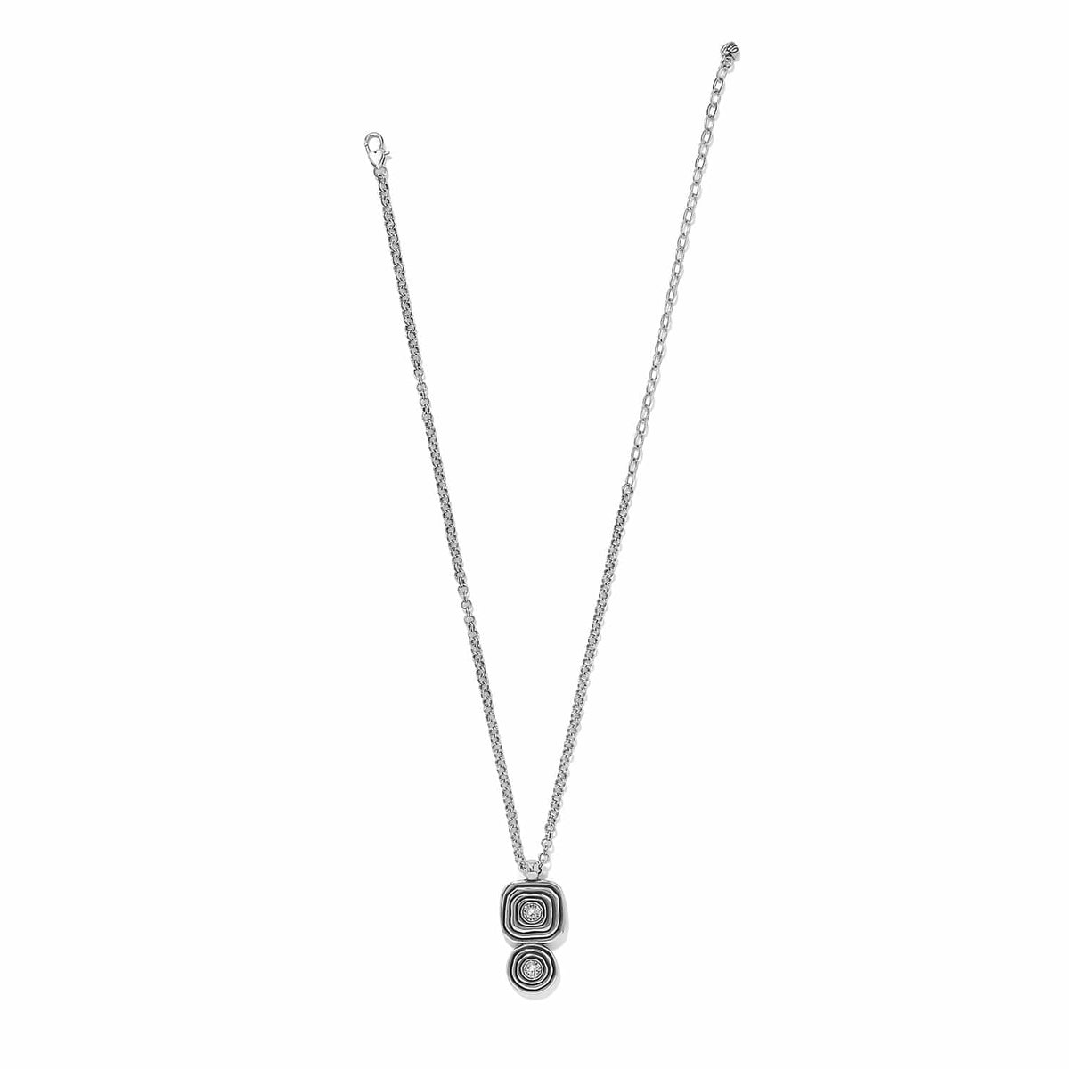 Brighton pendant necklace with silver-plated square and round layered drops set with crystals on a white background