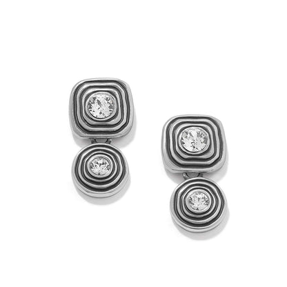 Brighton drop earrings with silver-plated square and round discs featuring concentric ridges and crystal centers on a white background
