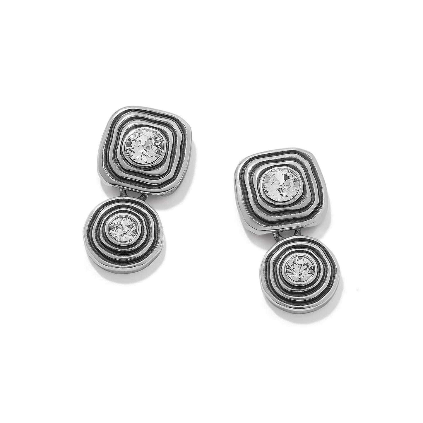 Brighton drop earrings with silver-plated layered square and round discs featuring crystal centers on a white background