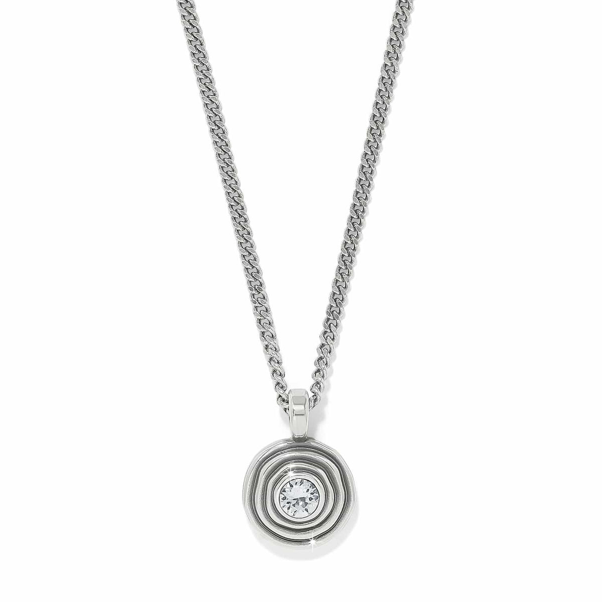 Brighton pendant necklace with silver-plated concentric circle design, central crystal, and curb chain on a white background