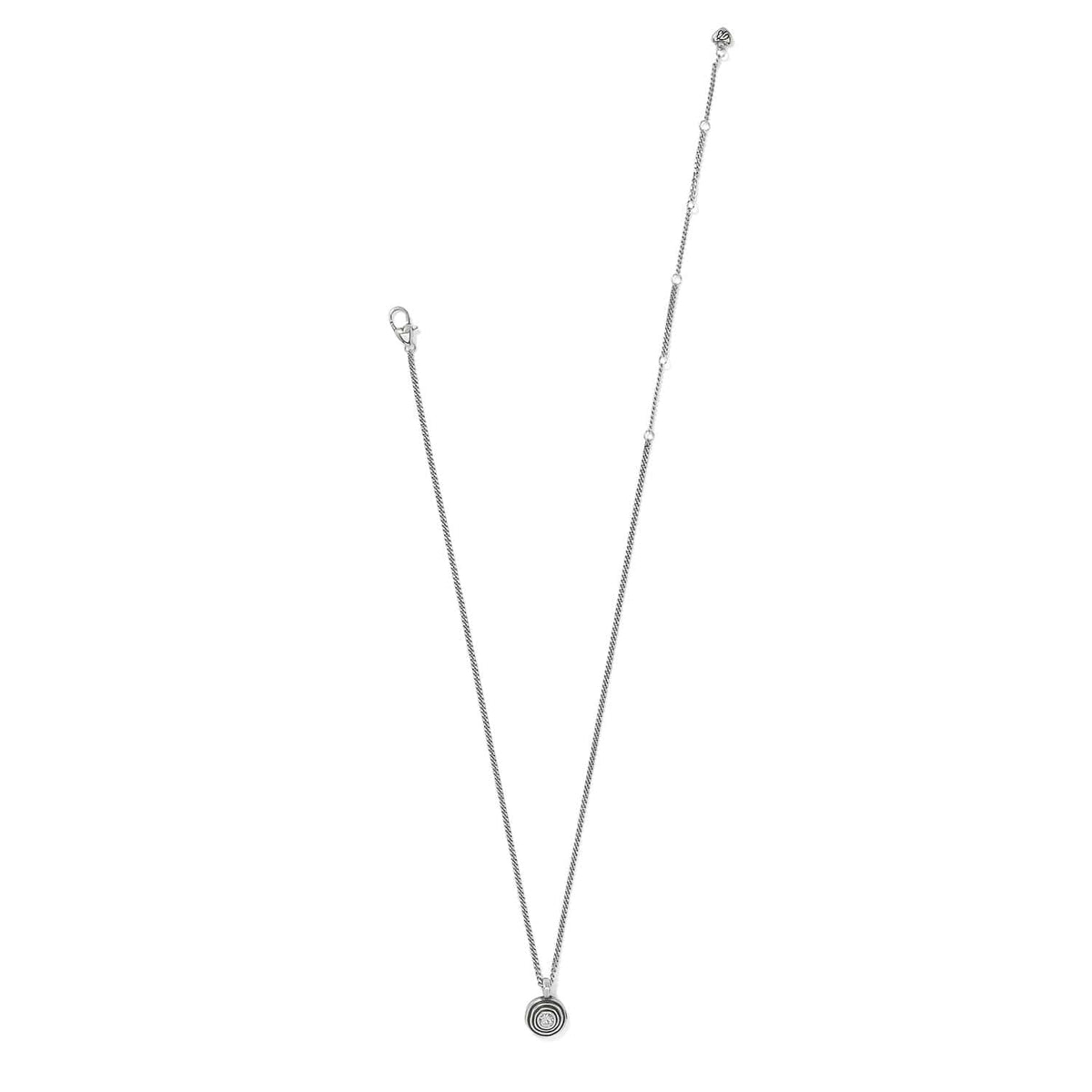 Brighton pendant necklace with small round crystal charm, lobster clasp, and extender chain on a white background