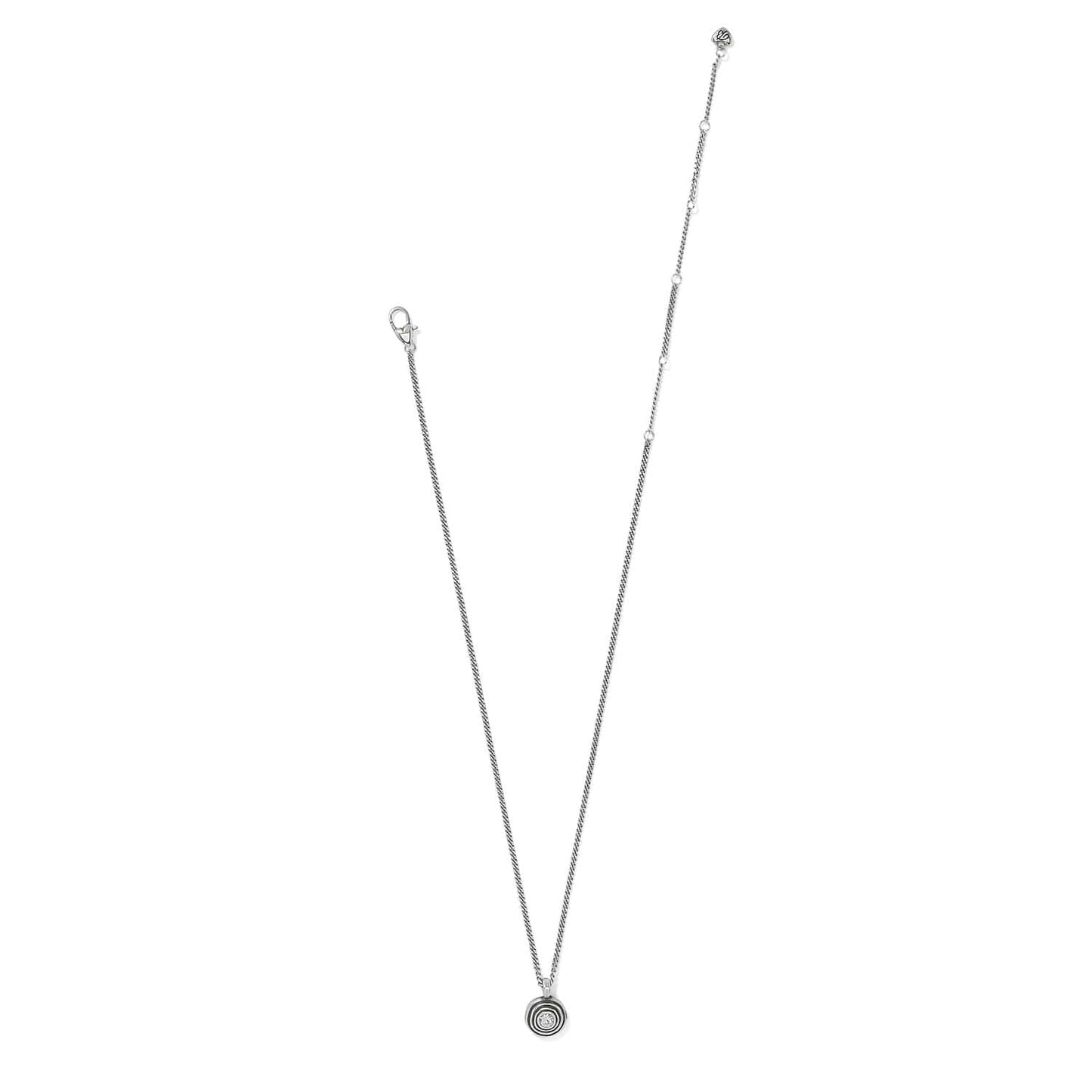 Brighton pendant necklace with small round crystal charm, lobster clasp, and extender chain on a white background