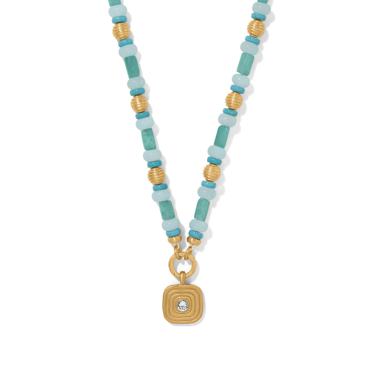 Brighton pendant necklace with turquoise and aqua beads, gold-plated accents, and crystal square pendant on a white background