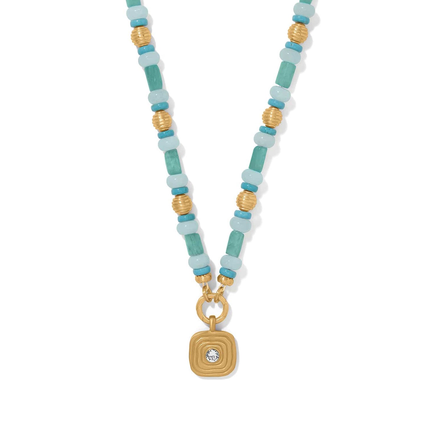 Brighton pendant necklace with turquoise and aqua beads, gold-plated accents, and crystal square pendant on a white background