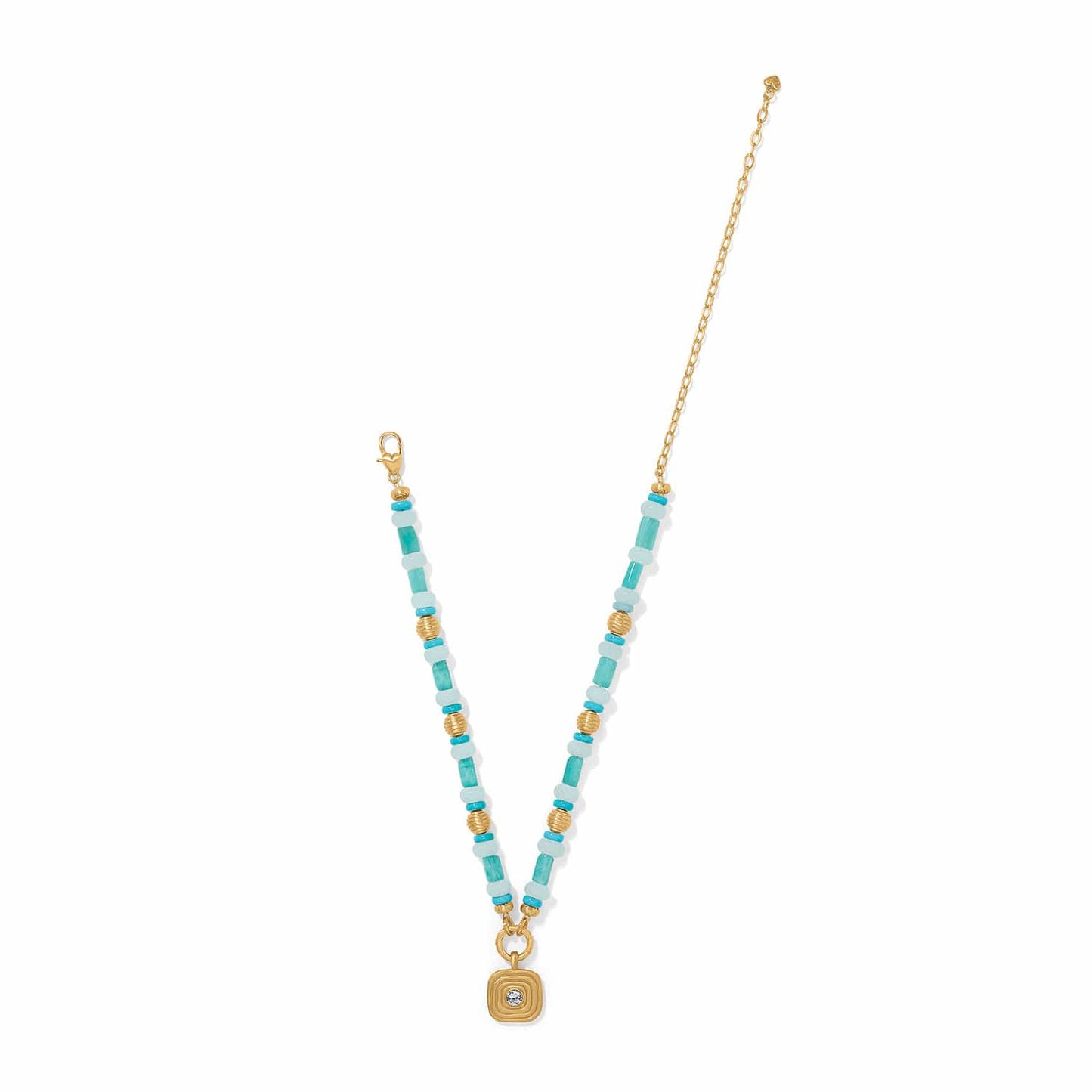 Brighton beaded necklace with turquoise stones, gold-plated accents, and crystal square pendant on a white background