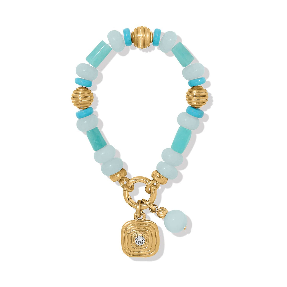 Brighton beaded bracelet with turquoise and aqua stones, gold-tone ribbed beads, and square crystal charm on a white background