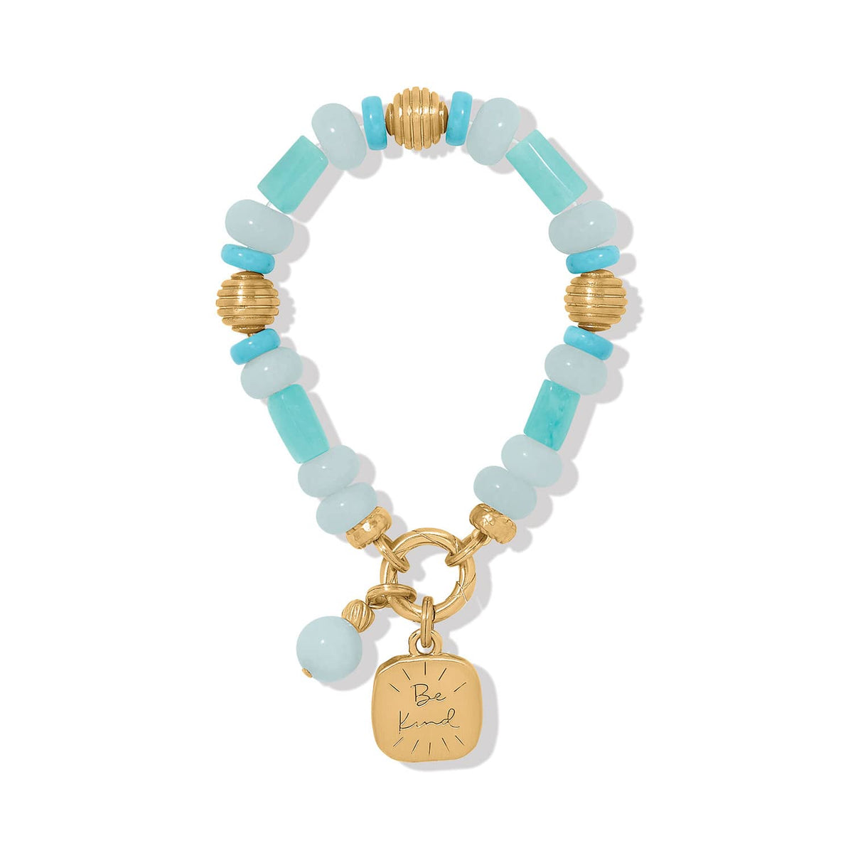 Brighton beaded bracelet with aqua and turquoise stones, gold-tone accents, and engraved Be Kind charm on a white background