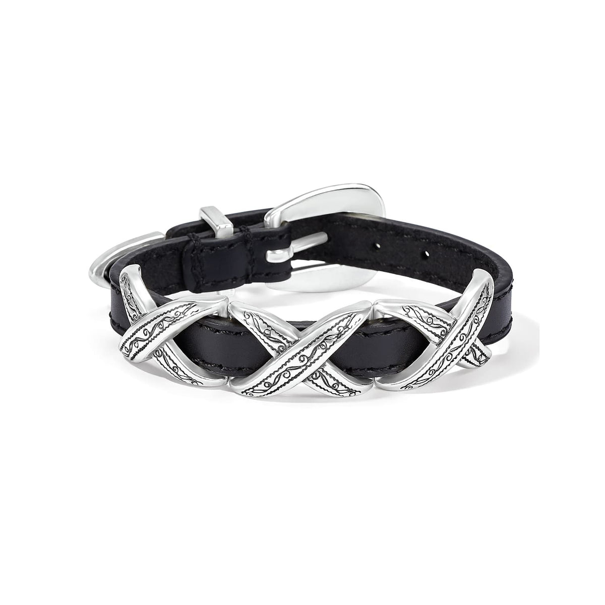 Brighton black leather bracelet with silver-plated engraved X-shaped links and buckle closure on a white background