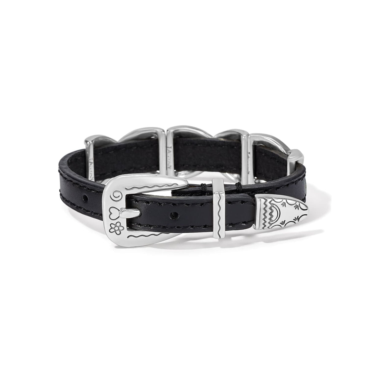 Brighton black leather bracelet with engraved silver-plated buckle closure and decorative metal accents on a white background