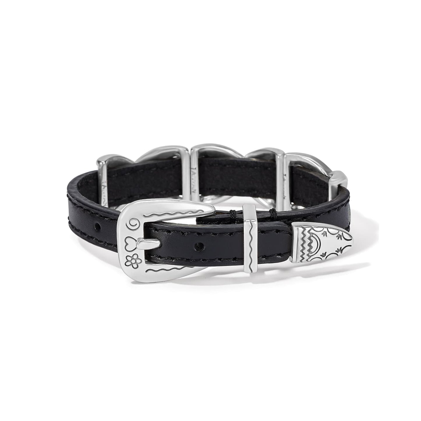 Brighton black leather bracelet with engraved silver-plated buckle closure and decorative metal accents on a white background