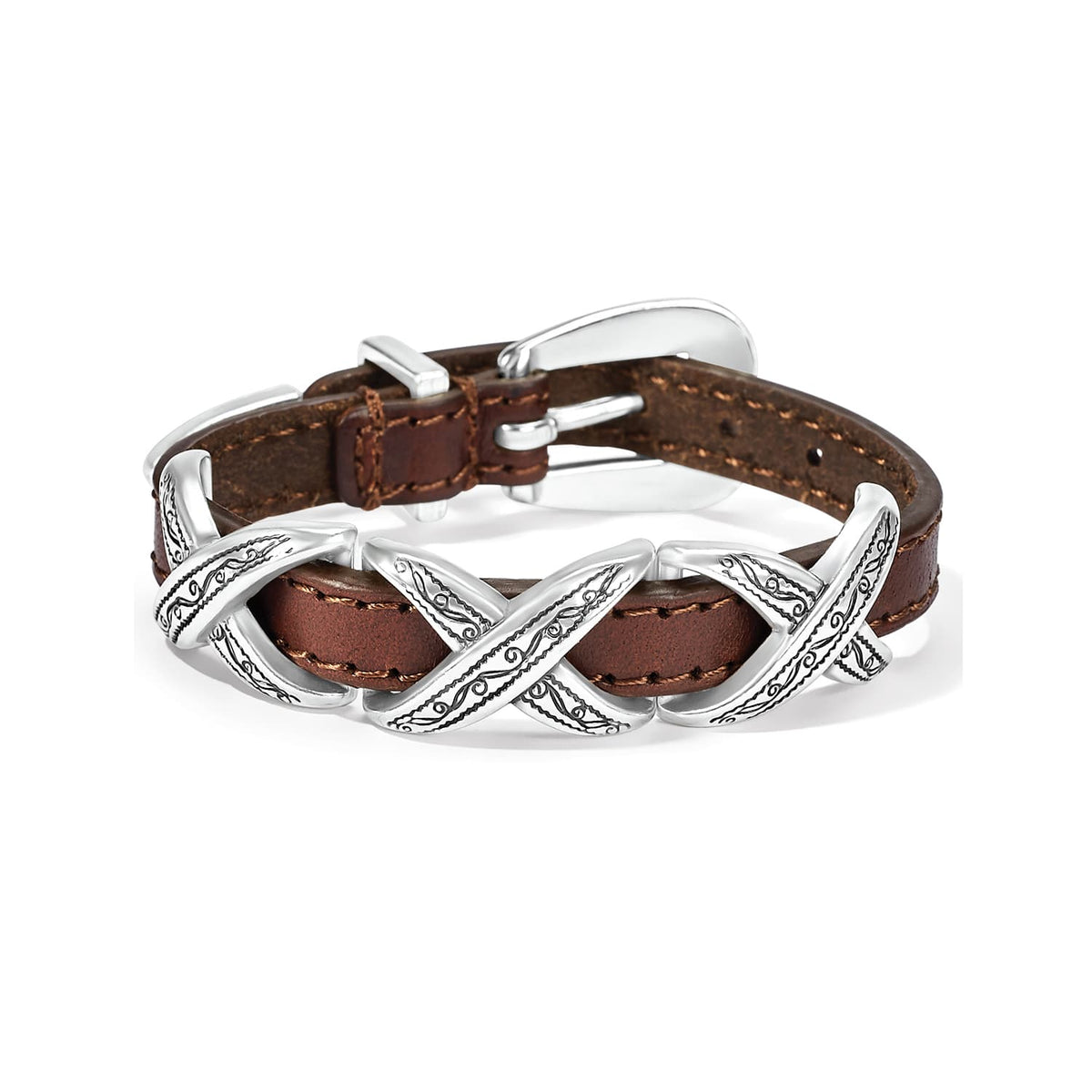 Brighton leather bracelet in brown with silver-plated crisscross stations and buckle closure on a white background