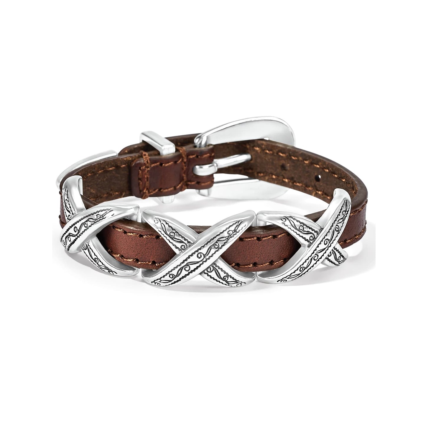 Brighton leather bracelet in brown with silver-plated crisscross stations and buckle closure on a white background