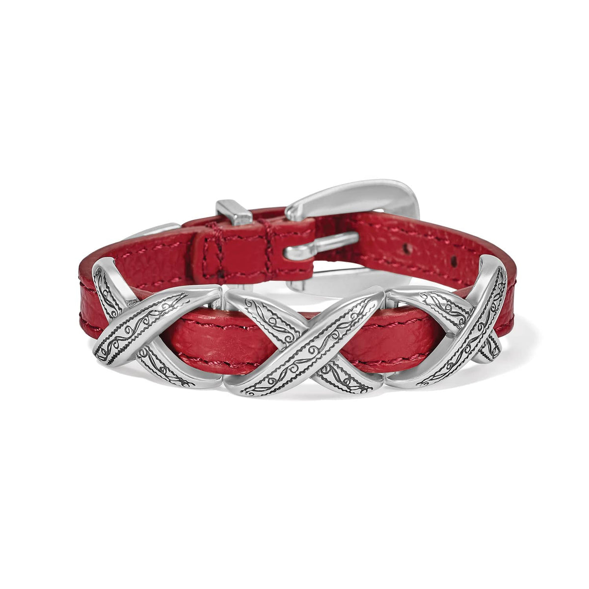 Brighton bracelet with red leather band, silver-plated engraved X-shaped stations, and buckle closure on a white background