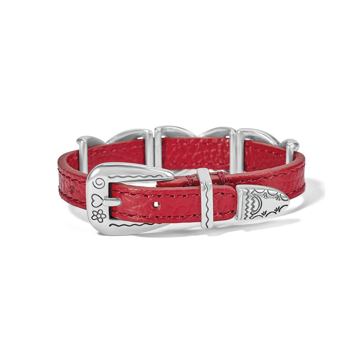 Brighton red leather bracelet with engraved silver-plated buckle closure and decorative silver loops on a white background