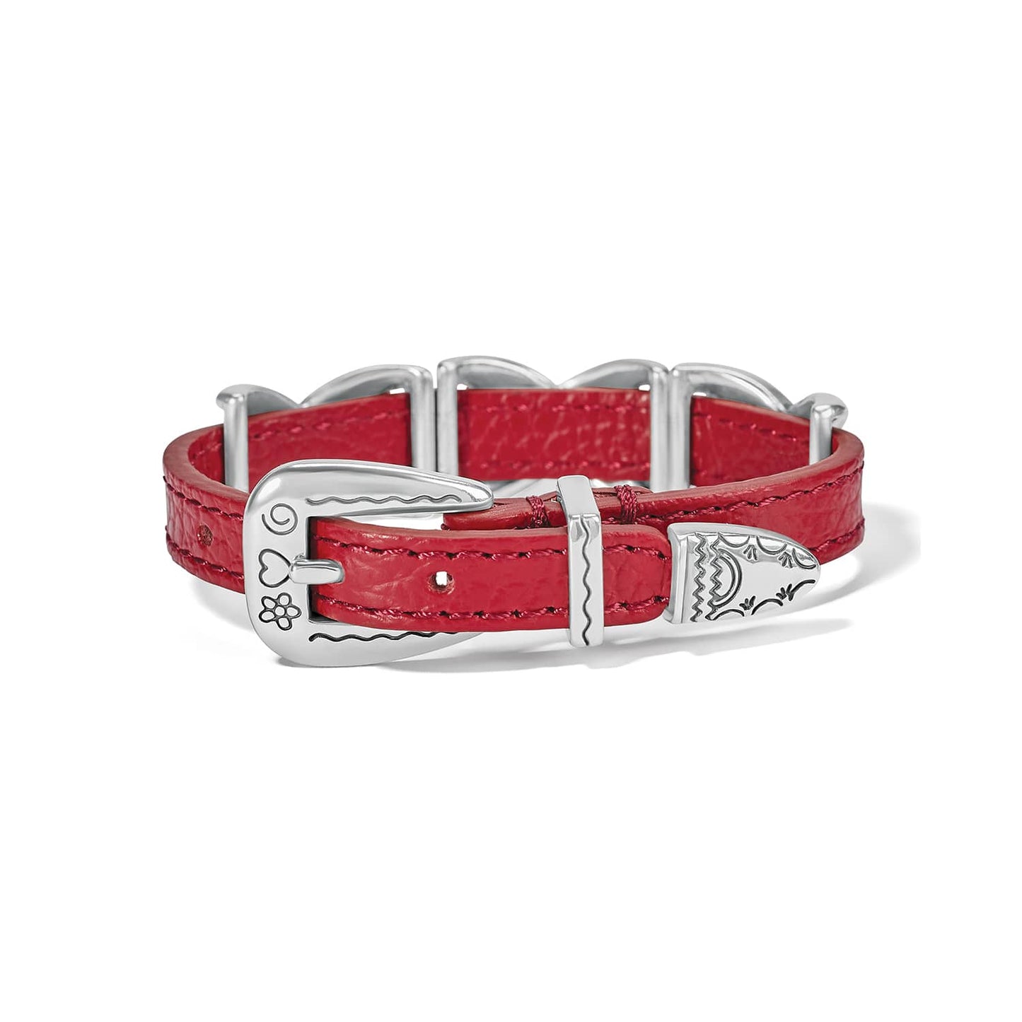 Brighton red leather bracelet with engraved silver-plated buckle closure and decorative silver loops on a white background