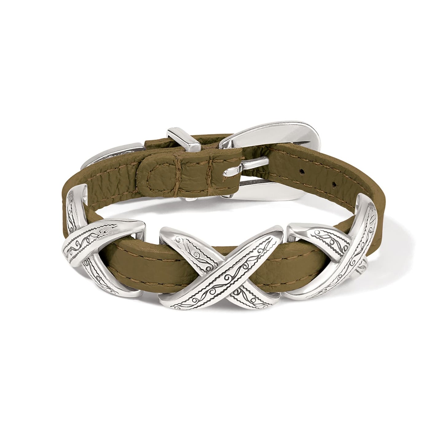 Brighton leather bracelet in olive green with silver-plated engraved X-shaped accents and buckle closure on a white background