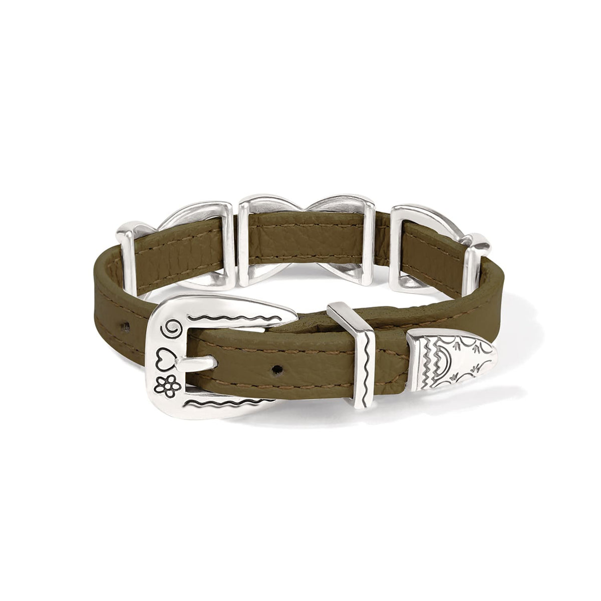 Brighton leather bracelet in olive green with silver-plated buckle, tip, and engraved Western-style accents on a white background