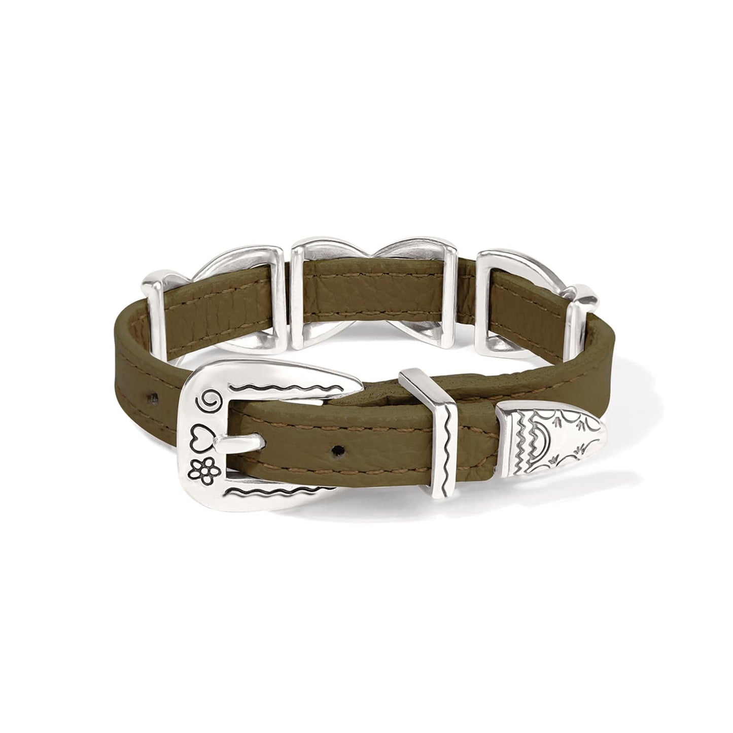 Brighton leather bracelet in olive green with silver-plated buckle, tip, and engraved Western-style accents on a white background