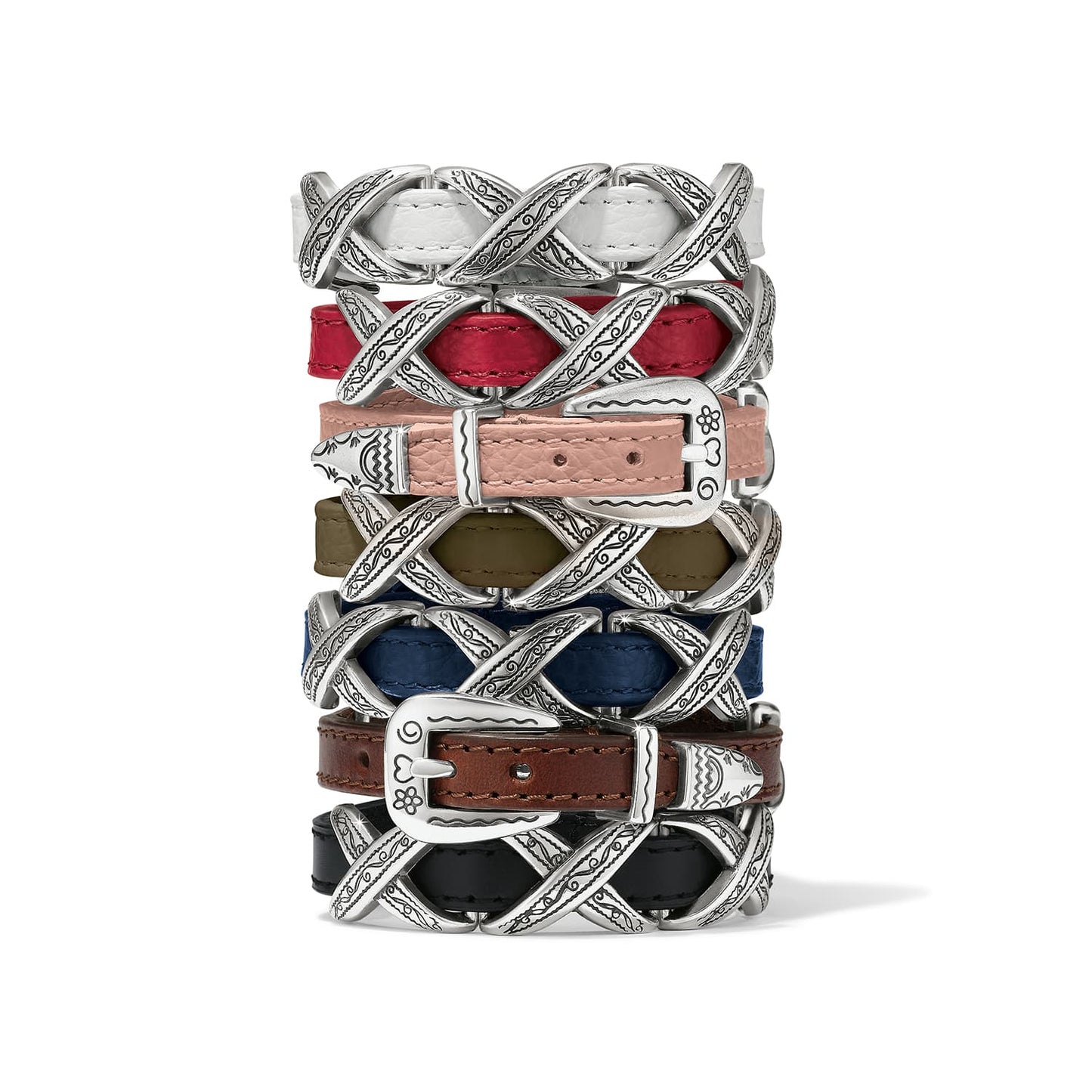 Brighton bracelets stacked in white, red, pink, olive, blue, brown, and black leather with silver-plated engraved details on a white background