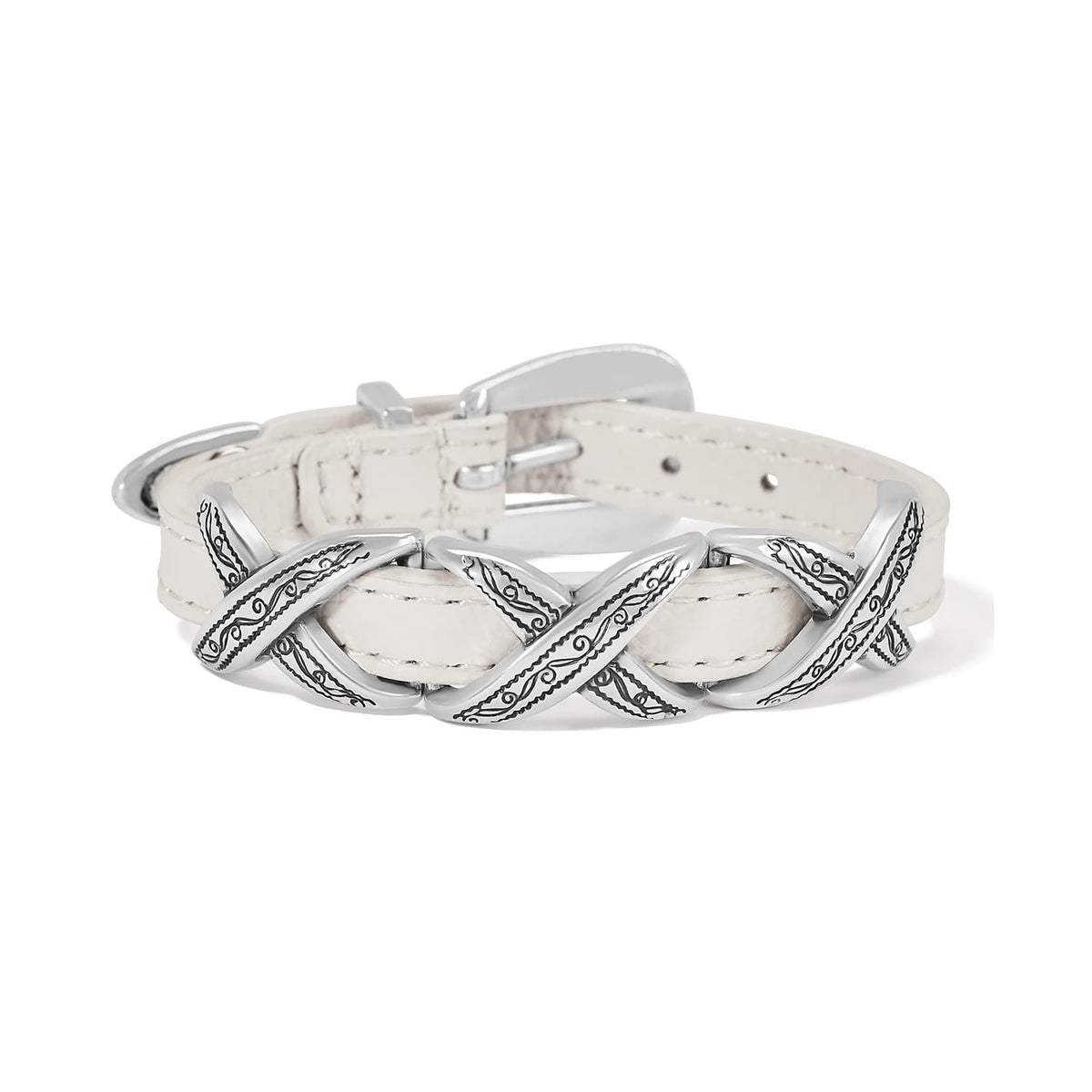 Brighton bracelet with white leather strap, silver-plated buckle, and engraved silver-plated crisscross accents on a white background