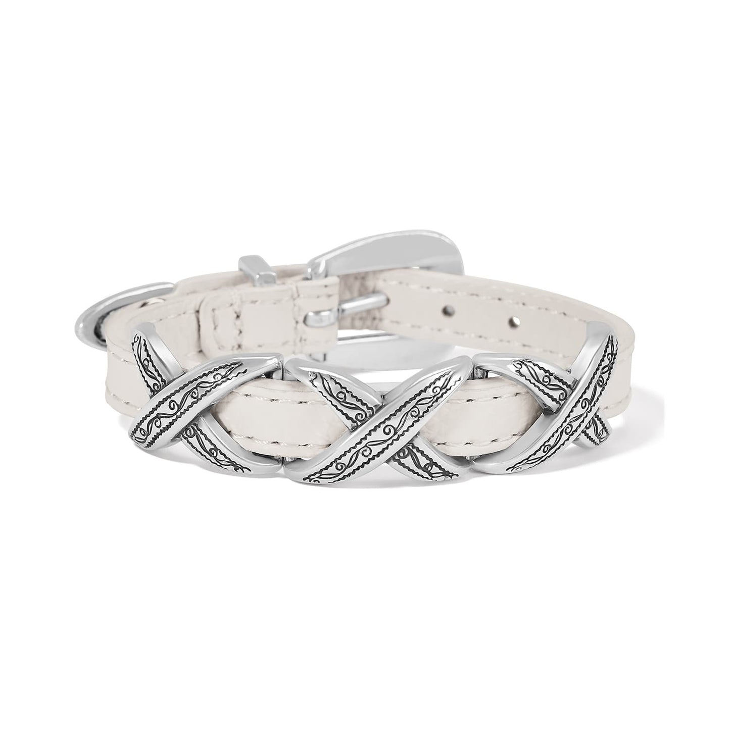 Brighton bracelet with white leather strap, silver-plated buckle, and engraved silver-plated crisscross accents on a white background