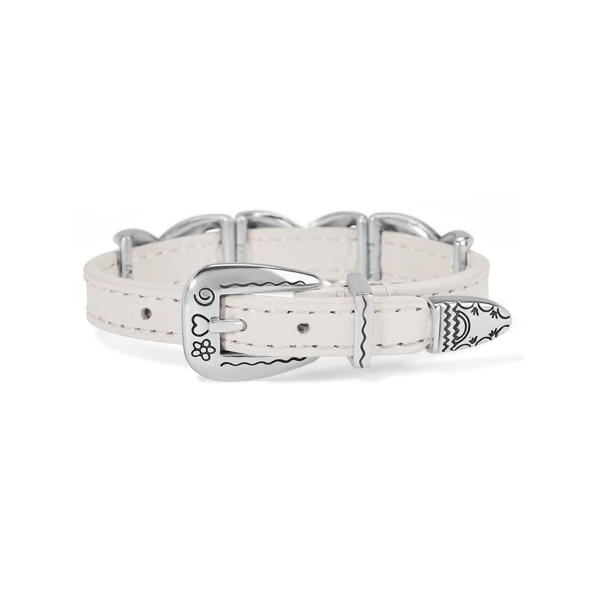 Brighton bracelet with white leather strap and silver-plated engraved buckle and tip closure on a white background