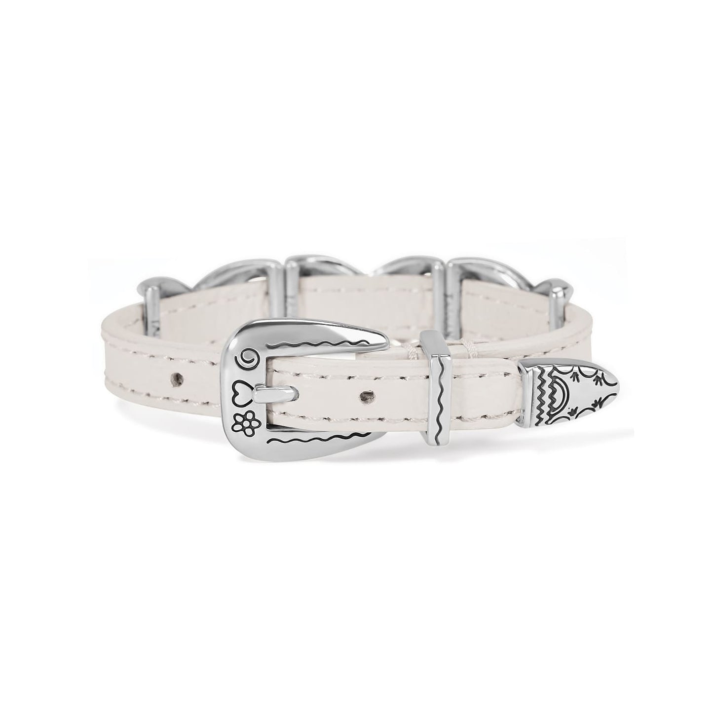 Brighton bracelet with white leather strap and silver-plated engraved buckle and tip closure on a white background