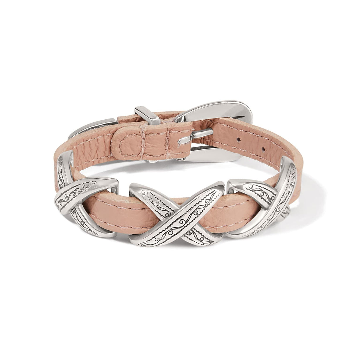 Brighton leather bracelet in pink with silver-plated engraved X-shaped accents and buckle closure on a white background