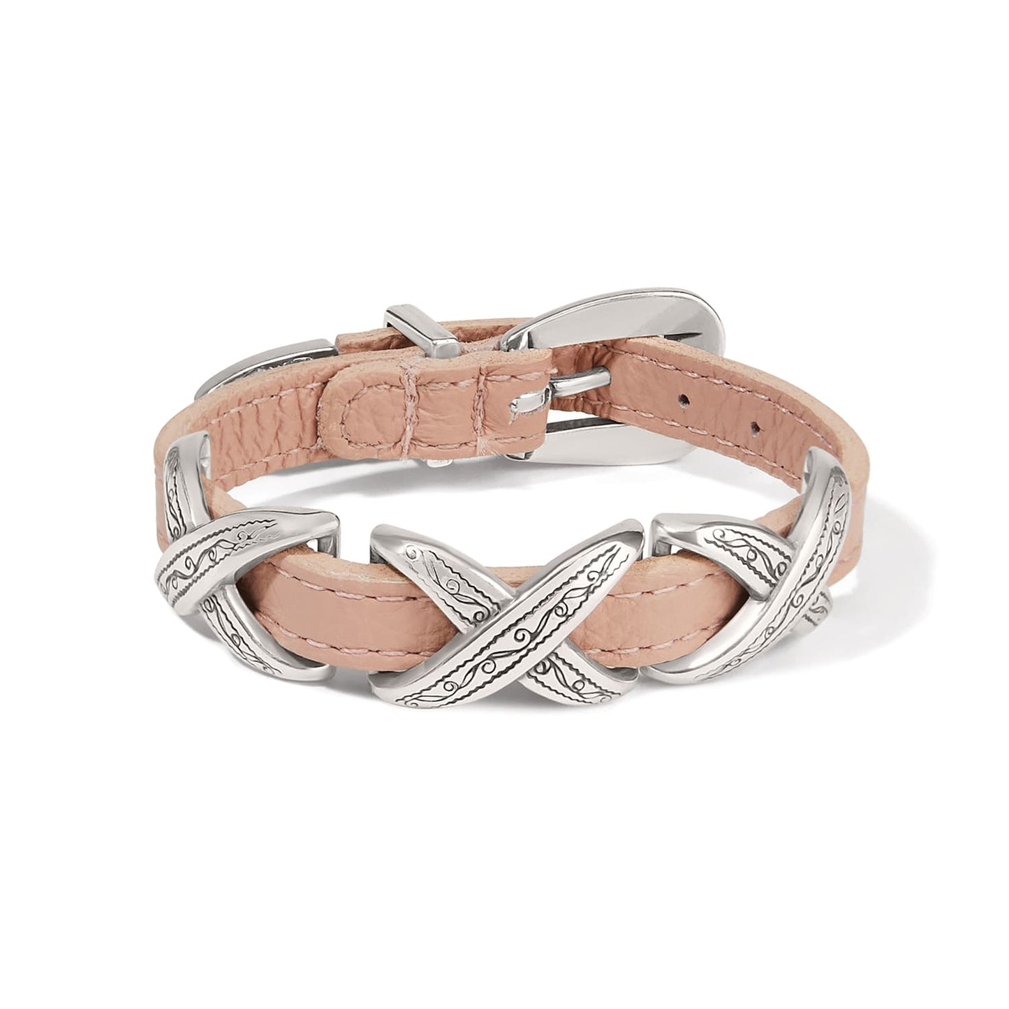 Brighton leather bracelet in pink with silver-plated engraved X-shaped accents and buckle closure on a white background
