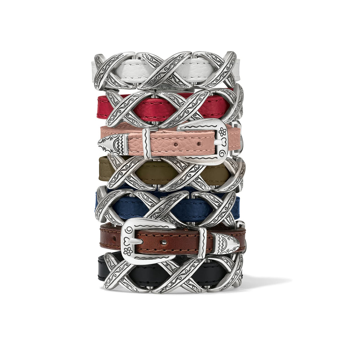 Brighton leather bracelets stacked in white, red, pink, olive, blue, brown, and black with silver-plated buckles on a white background