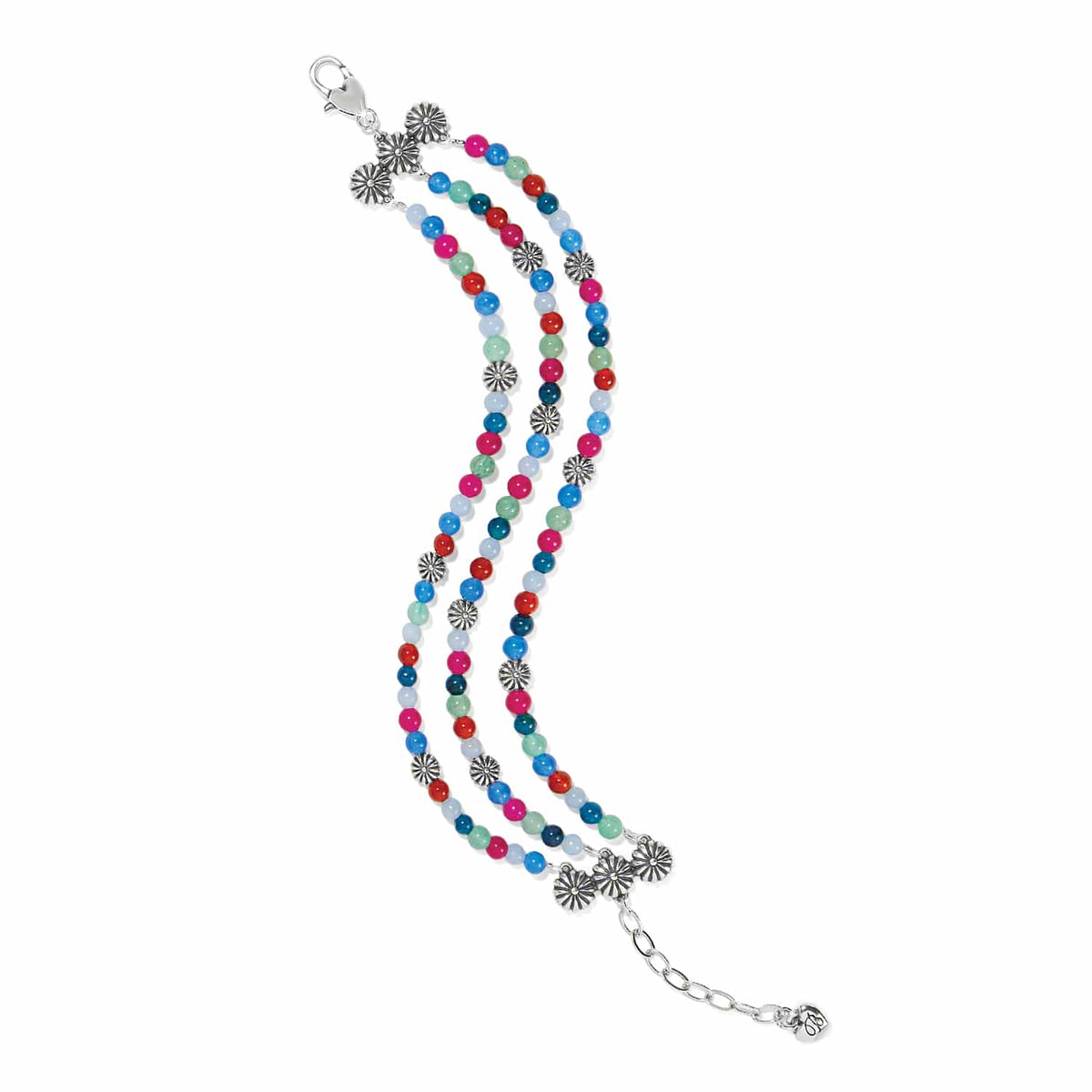 Brighton multi-strand beaded bracelet with colorful beads and silver-plated floral accents and lobster clasp on a white background