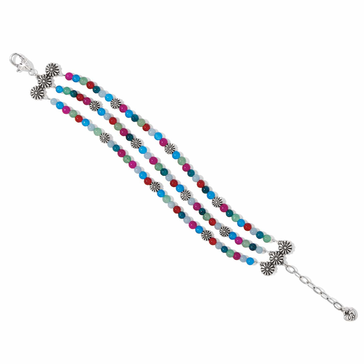 Brighton multi-strand beaded bracelet with colorful beads and silver-plated floral accents on a white background