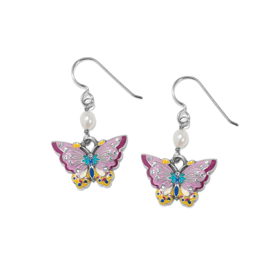 A pair of Kyoto In Bloom Butterfly French Wire Earrings with pearl accents, detailed in pink, yellow, blue, and sparkling stones, dangle symmetrically against a white background.
