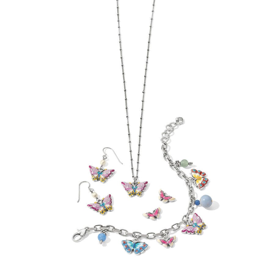 The Kyoto In Bloom Butterfly French Wire Earrings shown with a silver necklace and heart charms lie against a white background