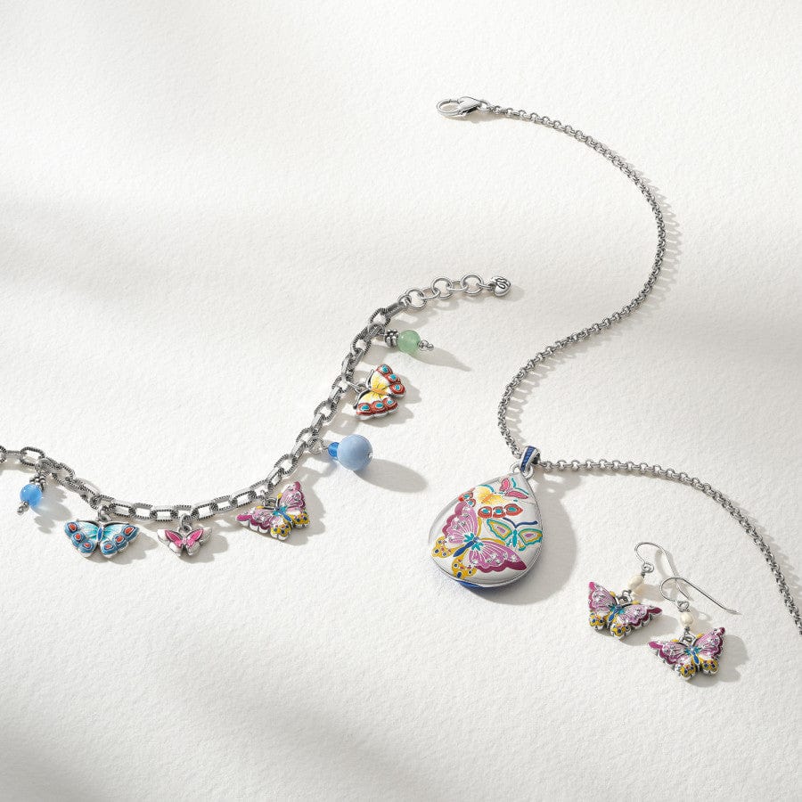 Kyoto In Bloom Butterfly French Wire Earrings shown with silver necklace and coordinating bracelet and earrings, all adorned with colorful enamel detailing, displayed against a white background.