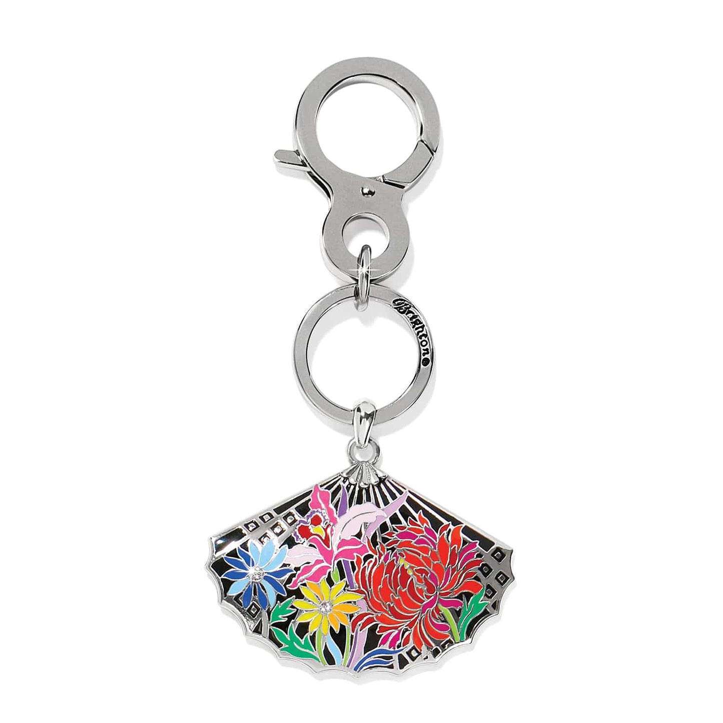 Brighton keychain with fan-shaped enamel charm featuring colorful floral design, crystal accents, and silver-tone clip on a white background