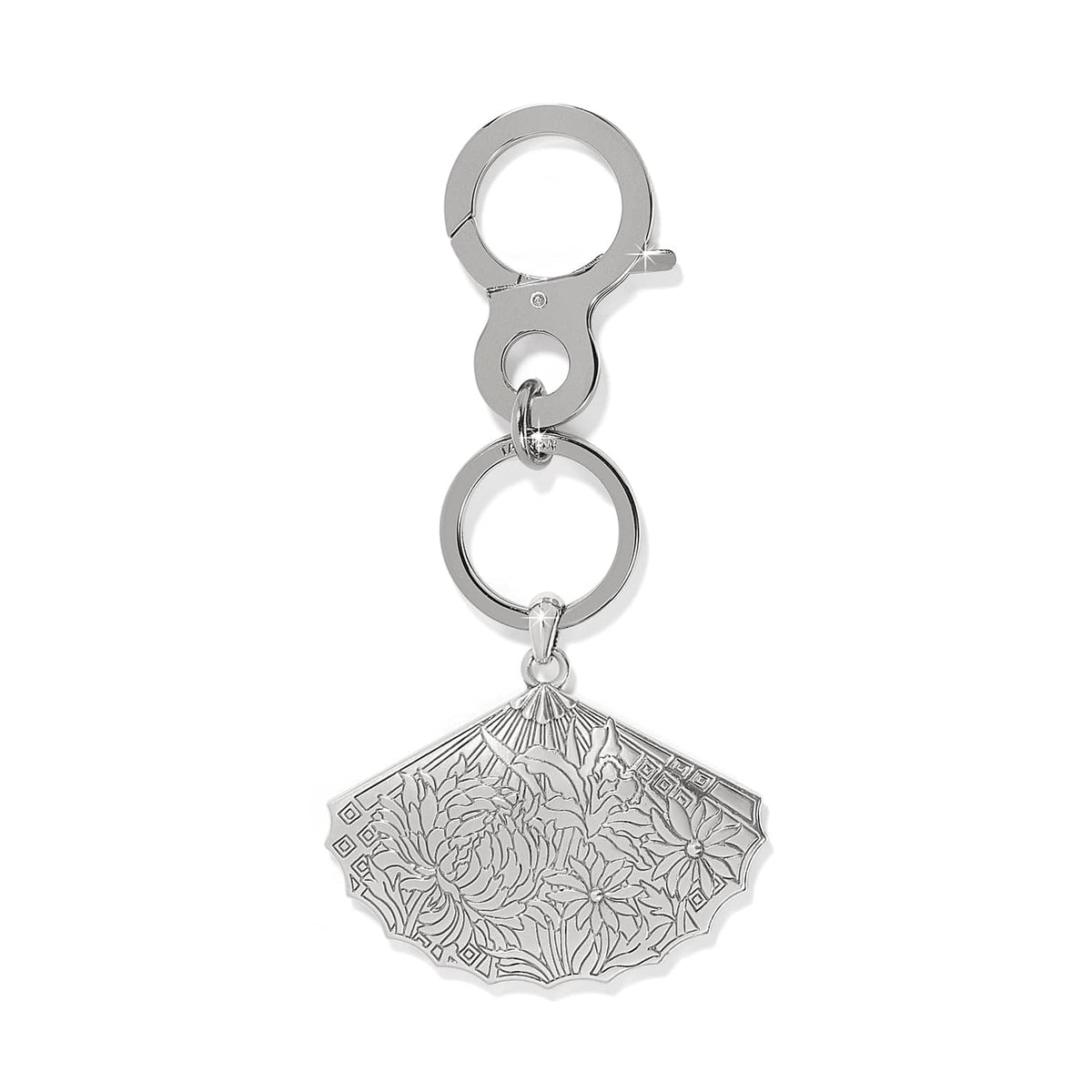 Brighton keychain with silver-tone fan-shaped charm featuring engraved floral design and clip closure on a white background