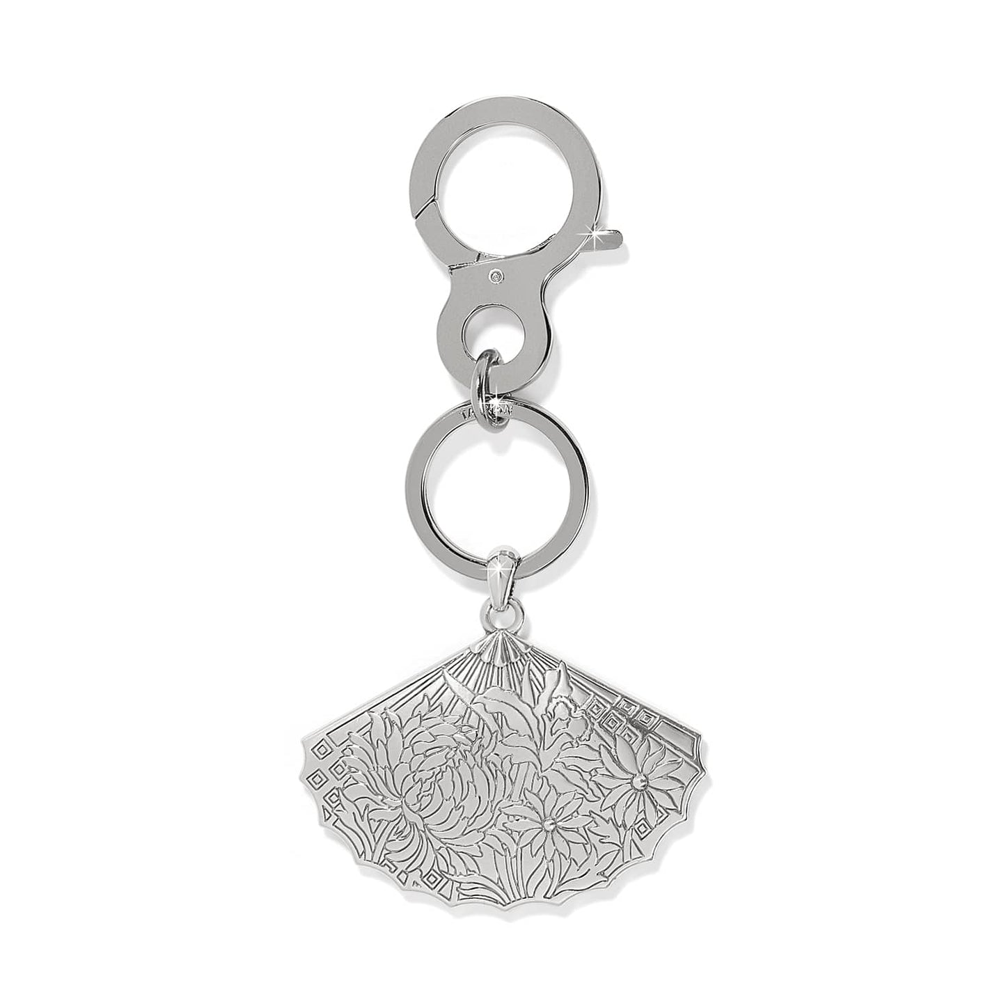 Brighton keychain with silver-tone fan-shaped charm featuring engraved floral design and clip closure on a white background