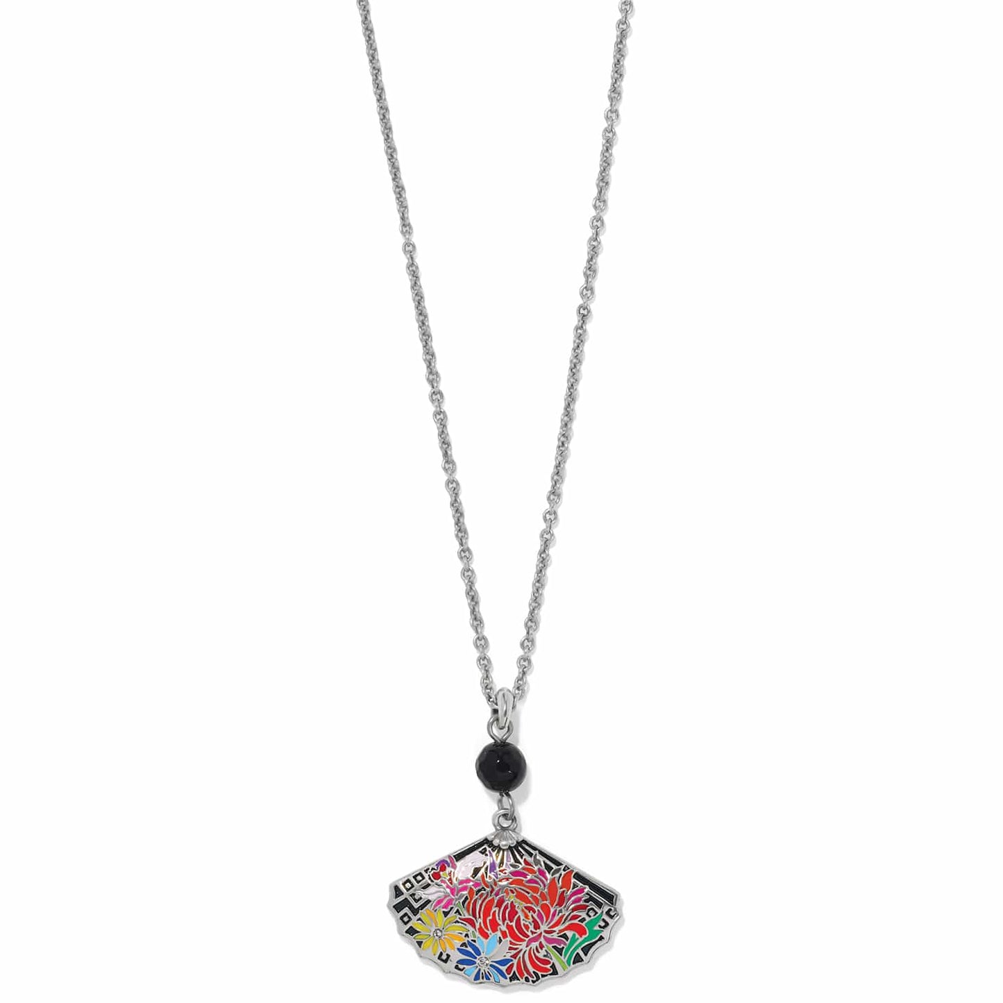 Brighton pendant necklace with silver-plated fan charm, colorful enamel floral design, and black bead on a white background