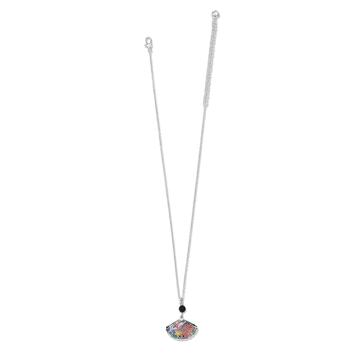Brighton silver-plated pendant necklace with enamel floral fan charm and black bead accent on a white background
