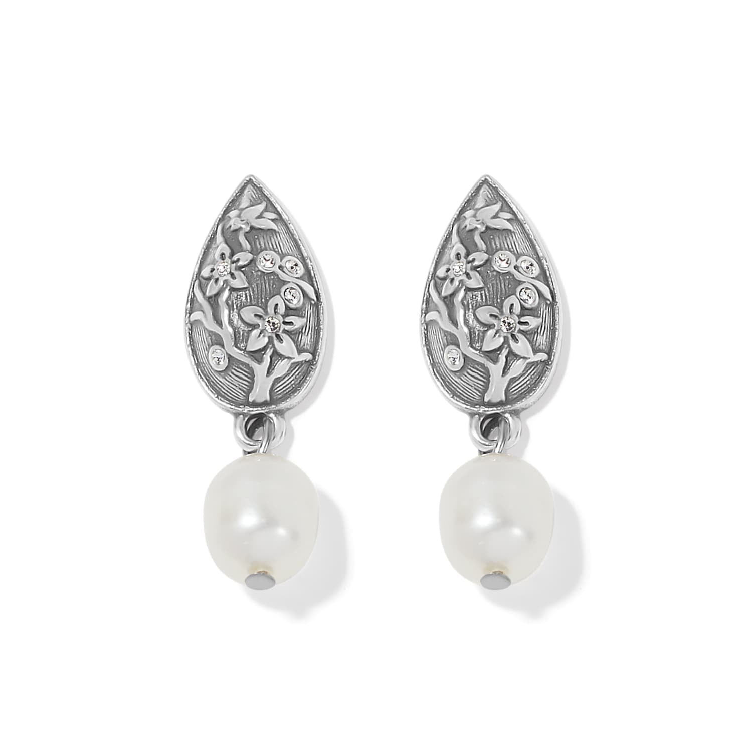Brighton drop earrings with silver-plated teardrop floral motifs, crystal accents, and dangling pearls on a white background