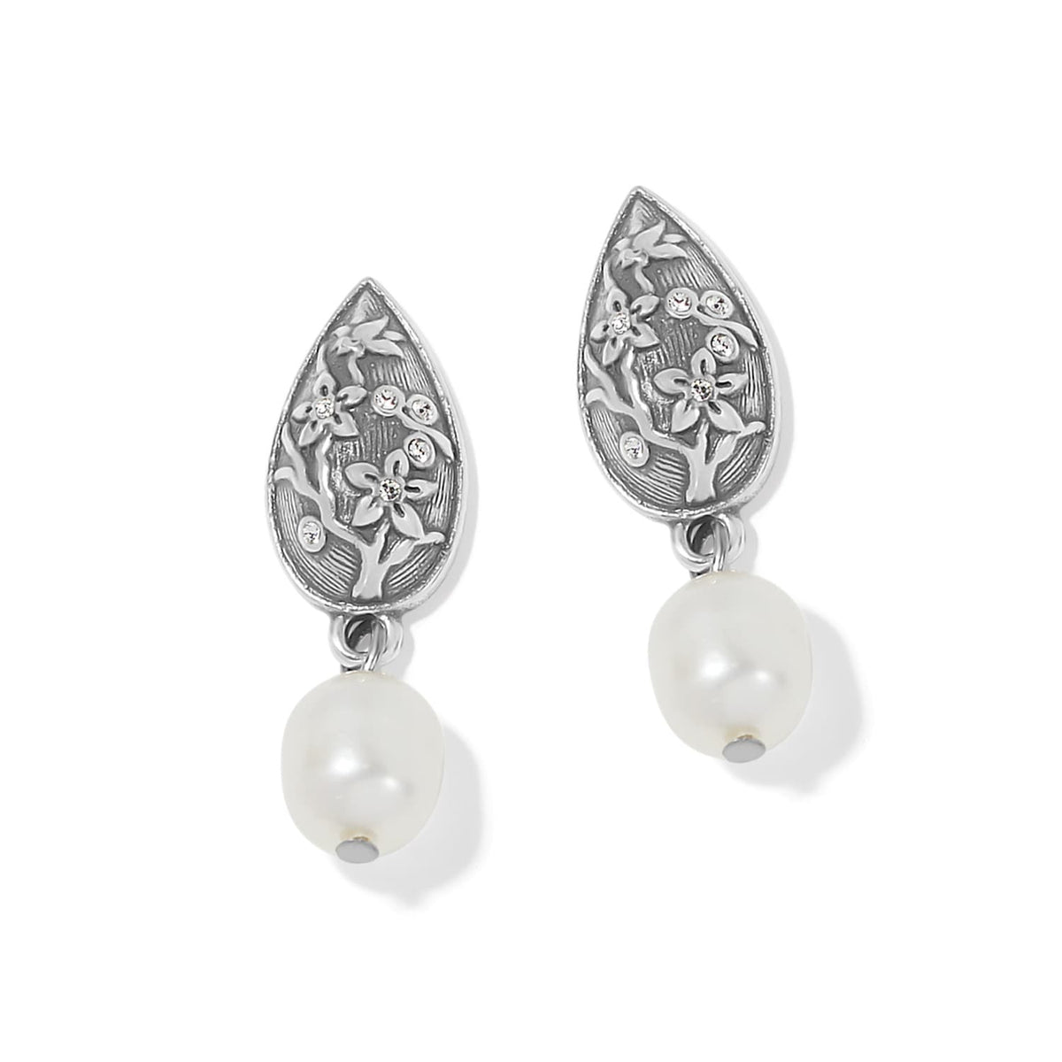 Brighton drop earrings with silver-plated teardrop floral motifs, crystal accents, and dangling pearls on a white background