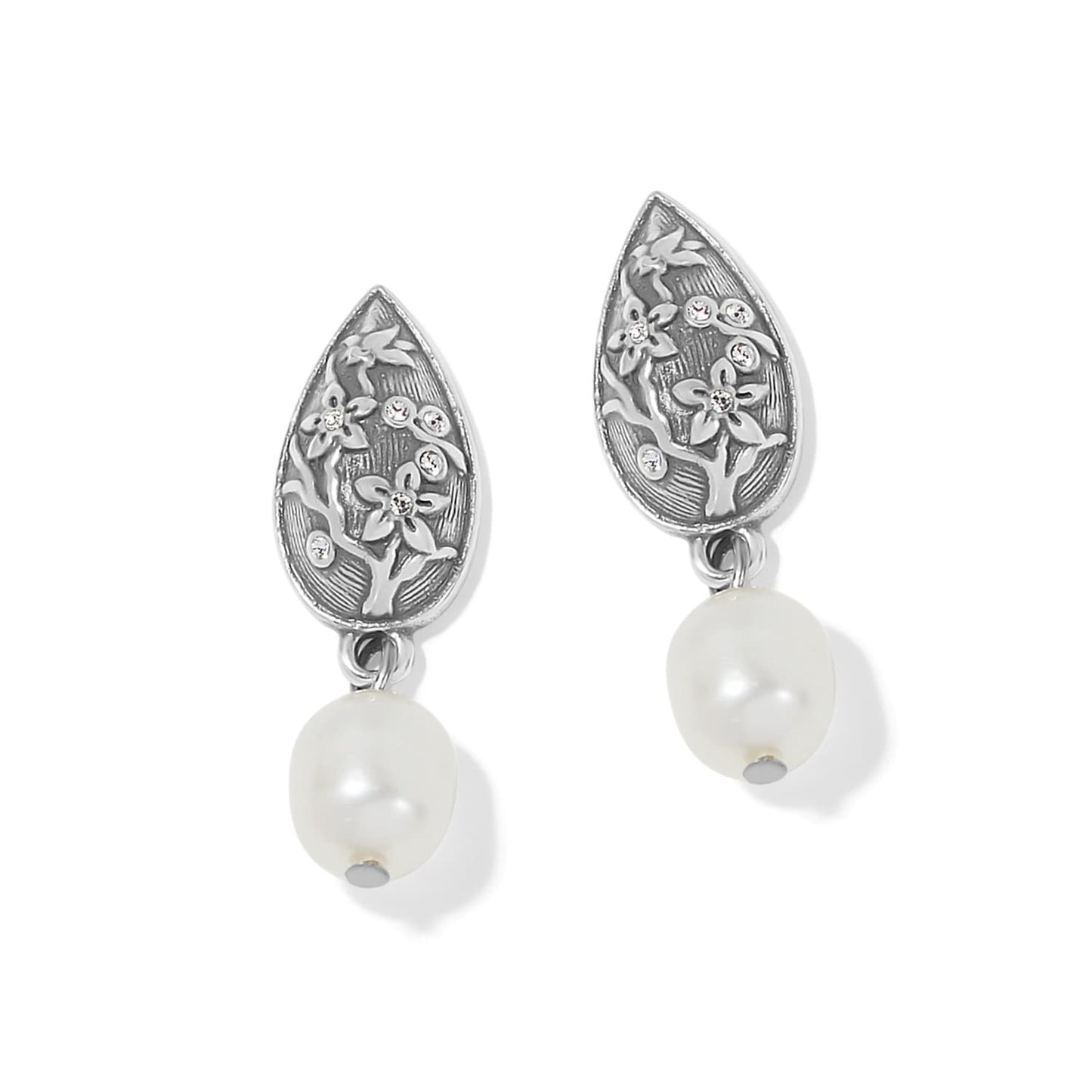 Brighton drop earrings with silver-plated teardrop floral motifs, crystal accents, and dangling pearls on a white background